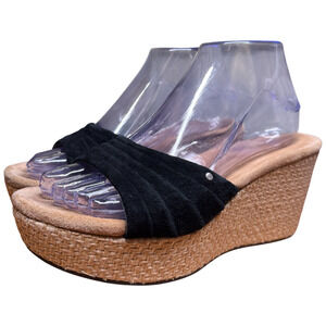 UGG Alvina Women's 7 Black Leather Suede Beige Wedge Heel Slip On Sandal Comfort